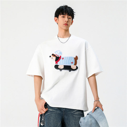 CBEMT7190-8H 趣味小狗刺繡純棉短袖T恤夏款T恤(男女同款.3色)
