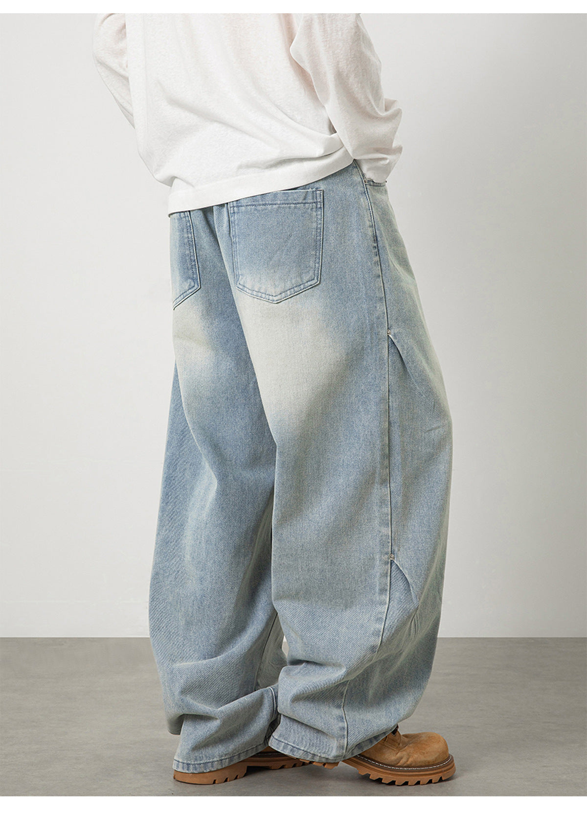 CBAON2624-8H 春秋側縫打褶水洗做舊直筒百搭寬鬆牛仔褲