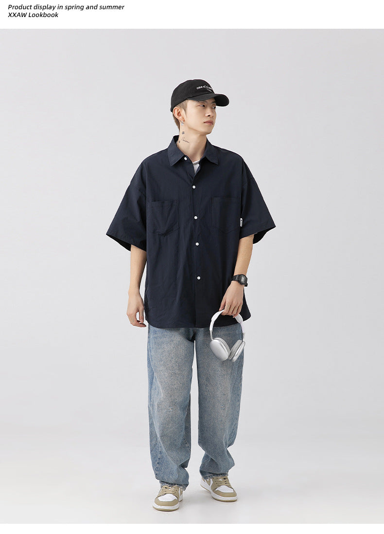 CBEK1712-8H 復古純色口袋短袖寬鬆工裝襯衫(3色)