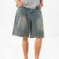 CBSON2607-8H 夏款分割打褶寬鬆復古水洗牛仔短褲(3色)