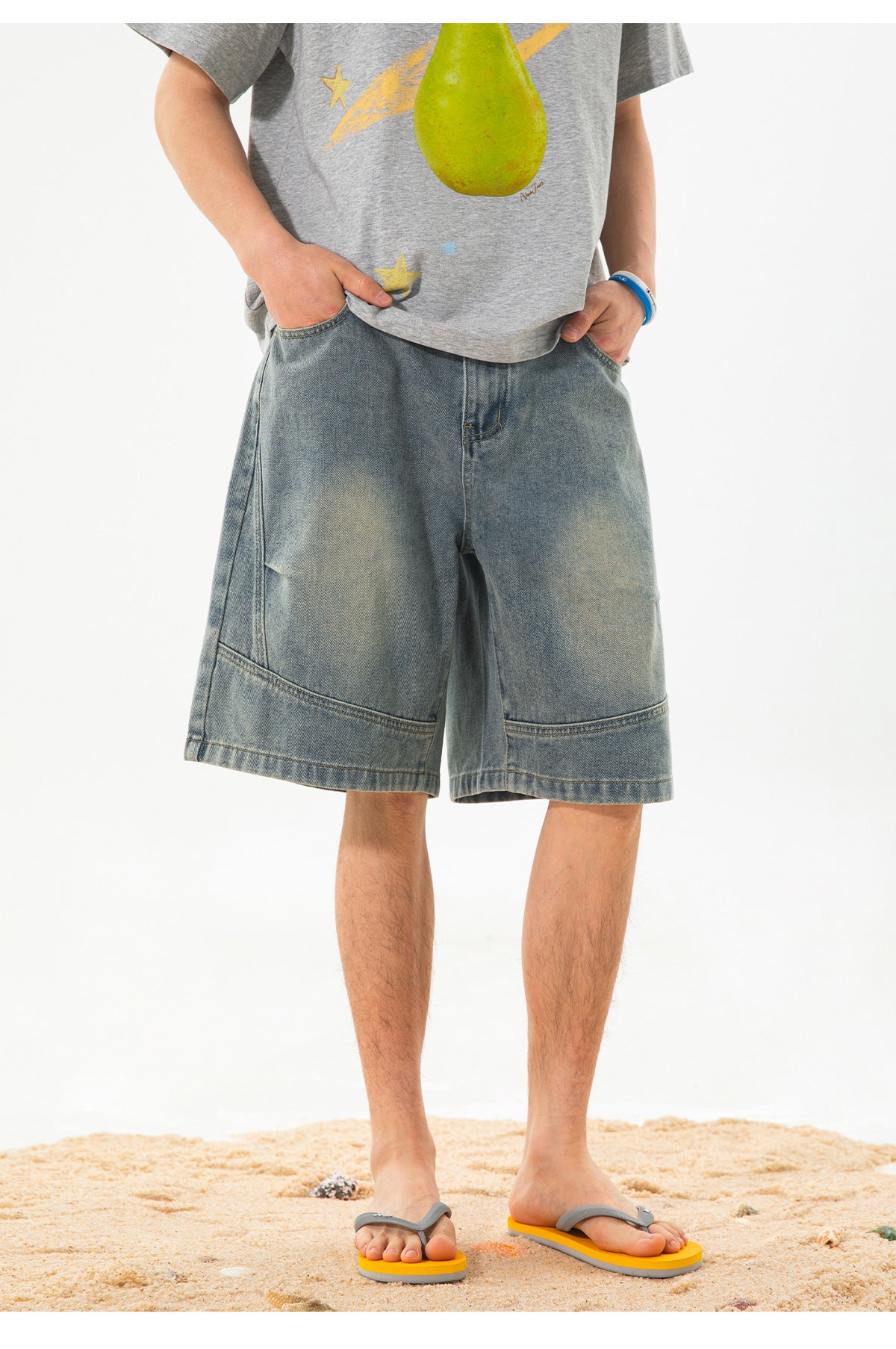 CBSON2607-8H 夏款分割打褶寬鬆復古水洗牛仔短褲(3色)