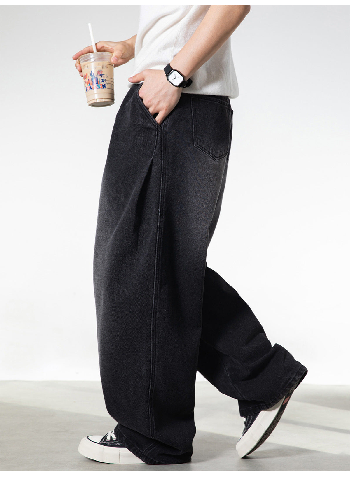 CBAON2530-8H 分叉式打褶水洗做舊春秋季復古寬鬆牛仔直筒褲(2色)