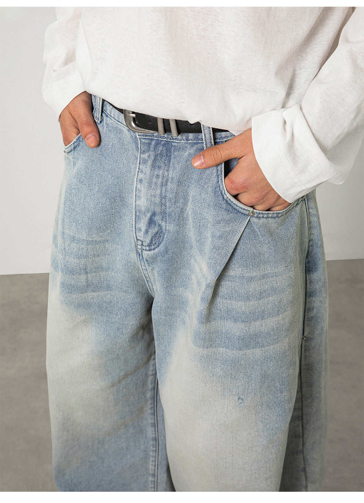 CBAON2624-8H 春秋側縫打褶水洗做舊直筒百搭寬鬆牛仔褲