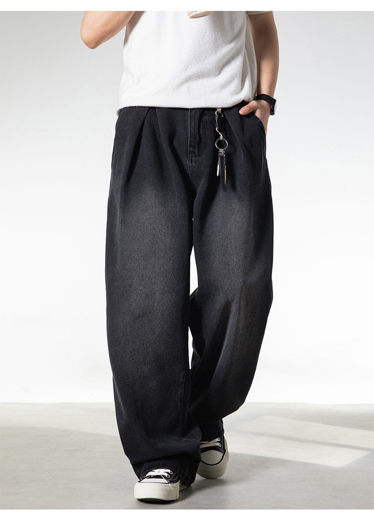 CBAON2530-8H 分叉式打褶水洗做舊春秋季復古寬鬆牛仔直筒褲(2色)