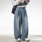 CBAON2530-8H 分叉式打褶水洗做舊春秋季復古寬鬆牛仔直筒褲(2色)
