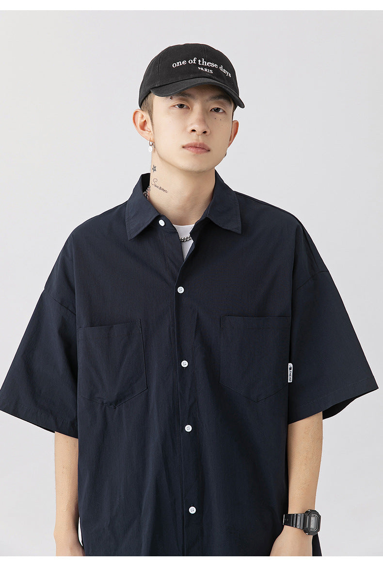 CBEK1712-8H 復古純色口袋短袖寬鬆工裝襯衫(3色)