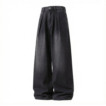 CBAON2530-8H 分叉式打褶水洗做舊春秋季復古寬鬆牛仔直筒褲(2色)