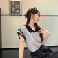 CGEA2563-67B 夏季新款短袖冰絲針織衫設計感撞色V領飛飛袖上衣