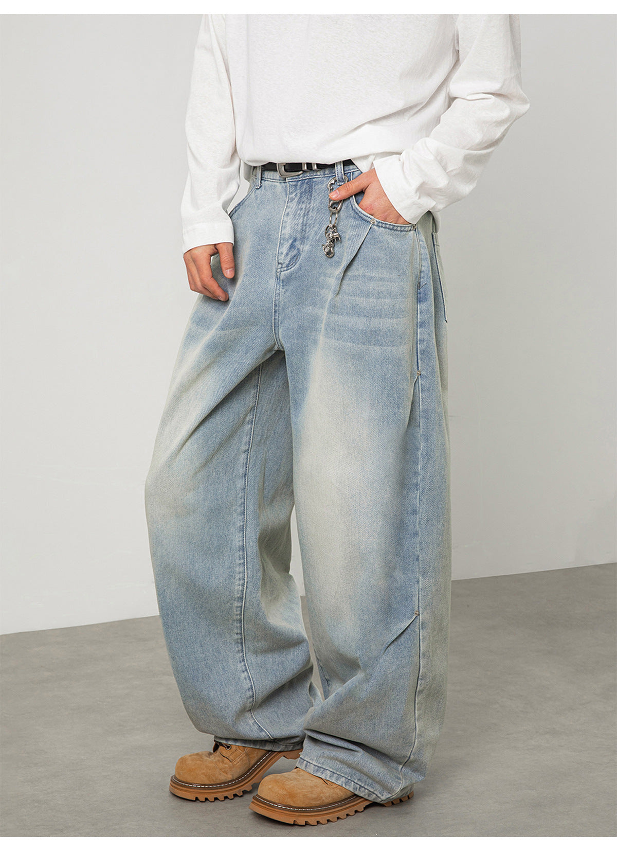 CBAON2624-8H 春秋側縫打褶水洗做舊直筒百搭寬鬆牛仔褲