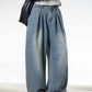 CBAON2530-8H 分叉式打褶水洗做舊春秋季復古寬鬆牛仔直筒褲(2色)