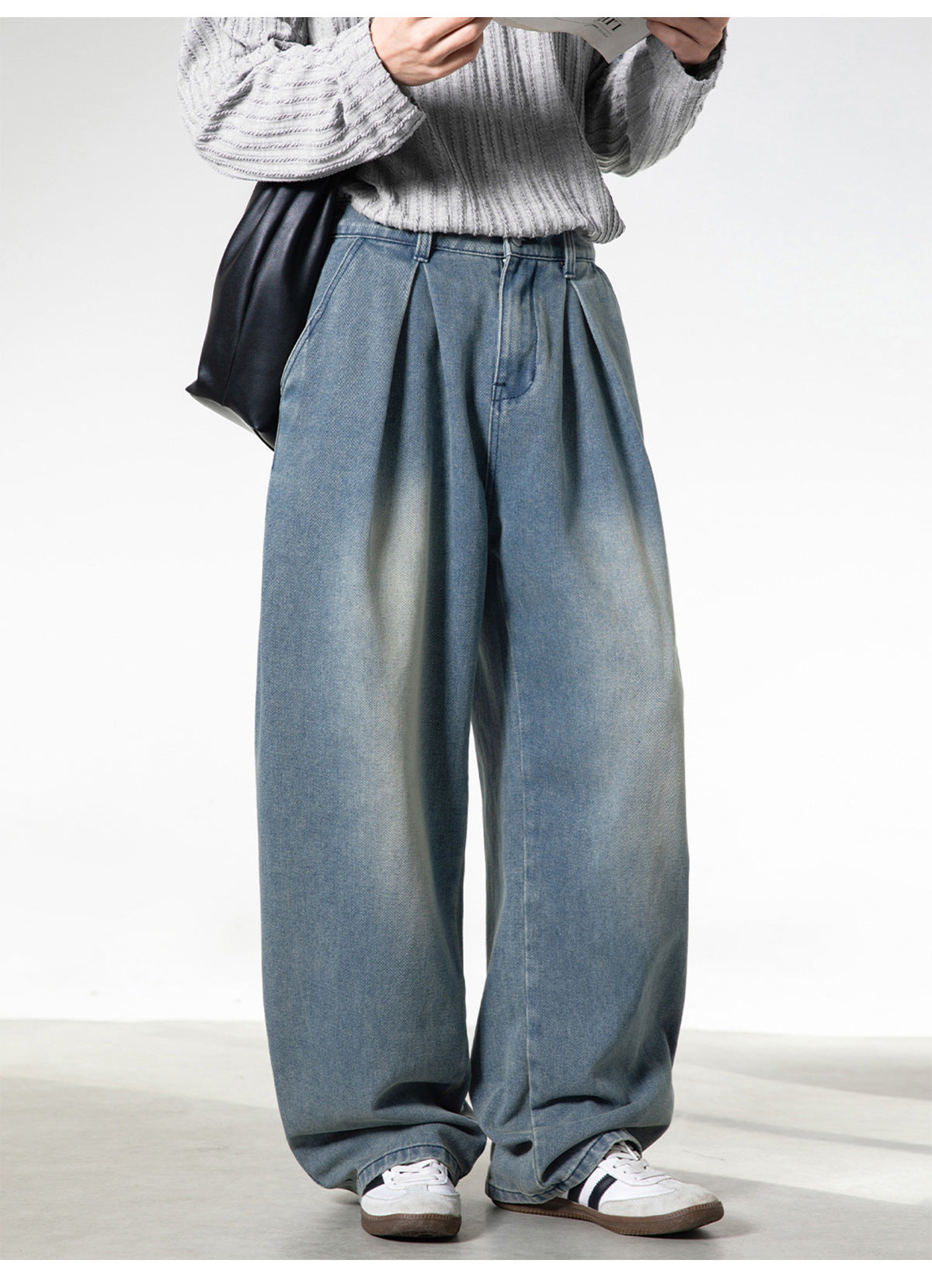 CBAON2530-8H 分叉式打褶水洗做舊春秋季復古寬鬆牛仔直筒褲(2色)