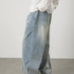 CBAON2624-8H 春秋側縫打褶水洗做舊直筒百搭寬鬆牛仔褲