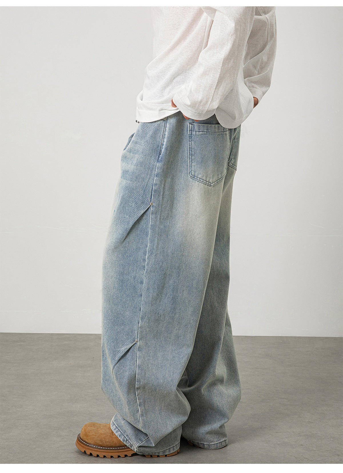 CBAON2624-8H 春秋側縫打褶水洗做舊直筒百搭寬鬆牛仔褲