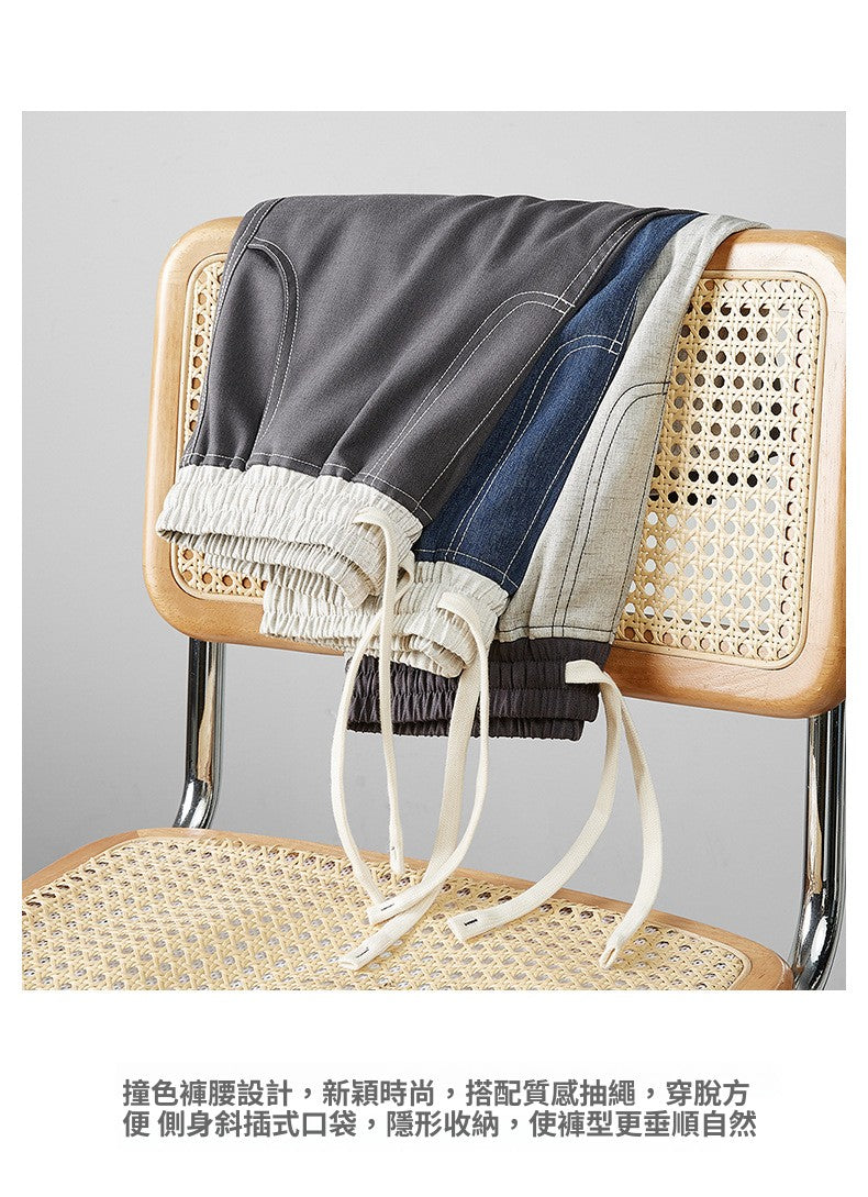 CBS93272-124B 亞麻360g設計感拼色寬鬆休閒五分褲(3色)