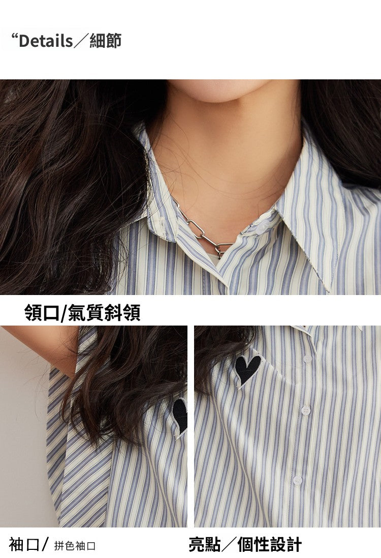 CGF8398-17B 短袖愛心條紋色織條撞色愛心無袖條紋襯衫