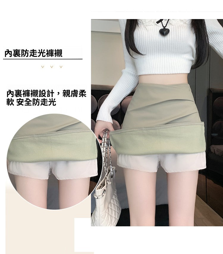 📺︎︎ CGS1134-58B 秋高腰褶皺柔軟皮不規則包臀PU皮A字半身裙短裙(3色)