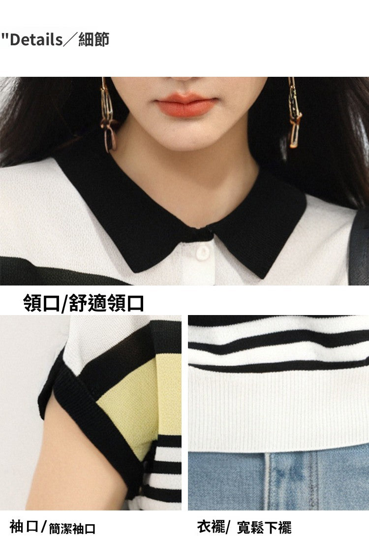 CGE0409-17B 翻領拼色條紋短袖天絲亞麻針織T恤(2色)