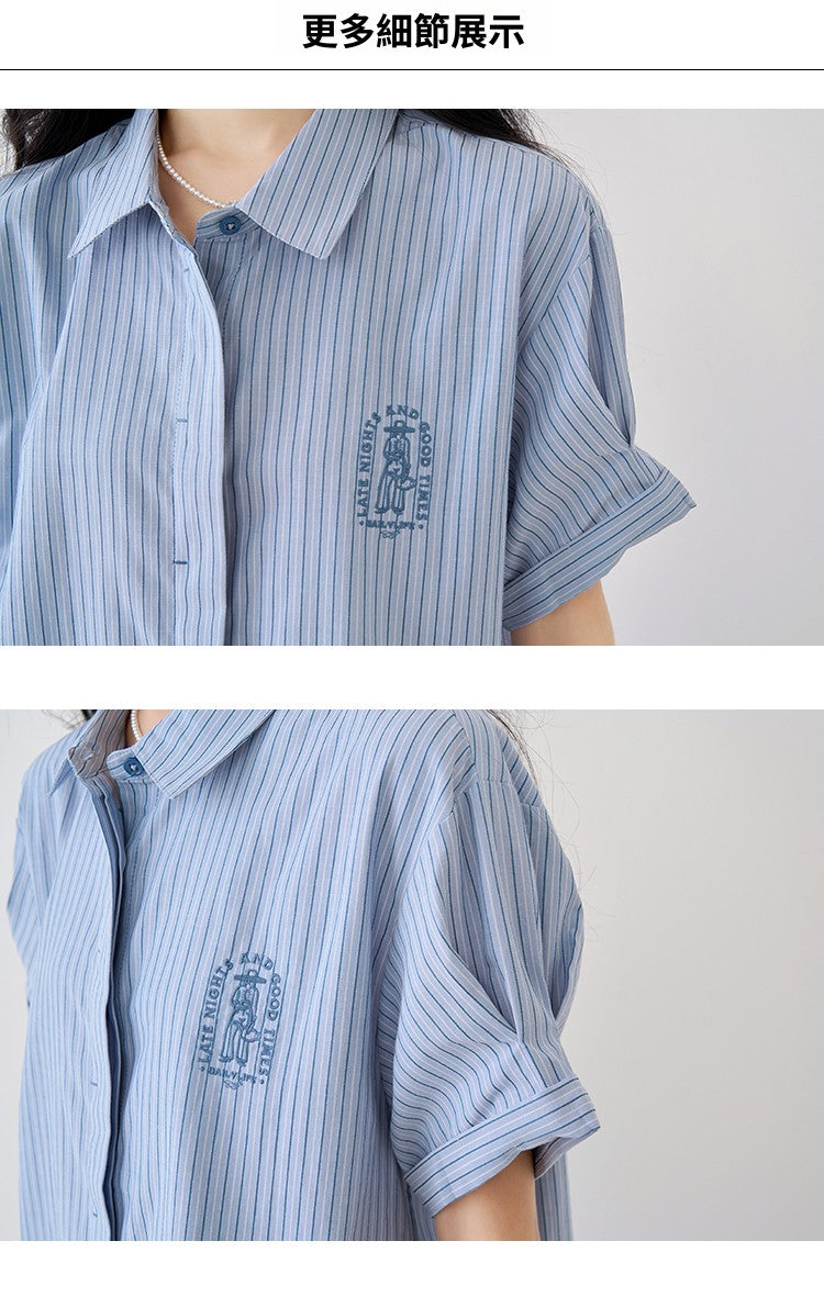 CGE9765-4B 藍色襯衣夏復古刺繡休閒百搭短袖條紋POLO領襯衫
