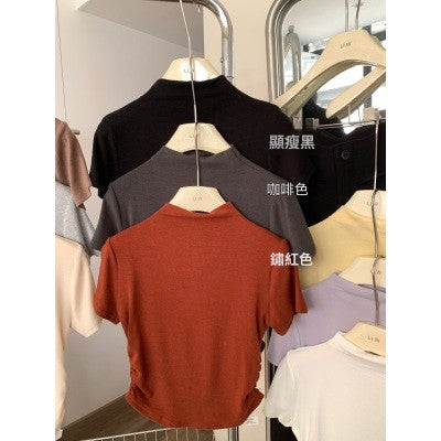 CGE5322-80B 褶皺收腰半高領短袖正肩T恤(9色)