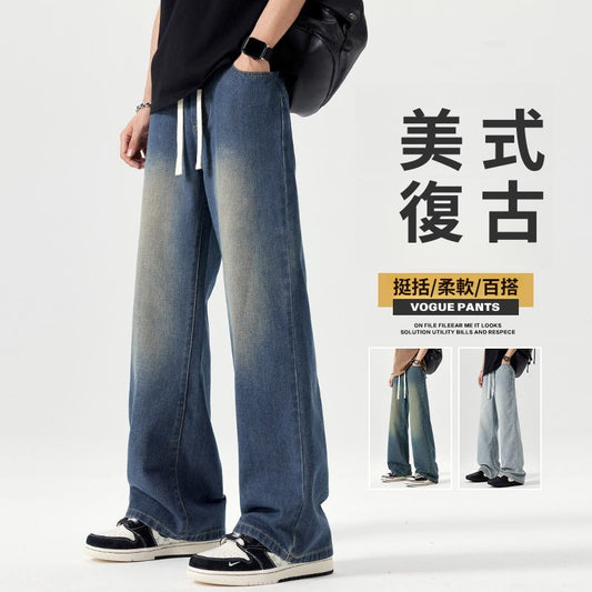 CBAZGX2507-1B 春季美式復古鬆緊腰牛仔褲寬鬆直筒水洗大碼長褲(5色)