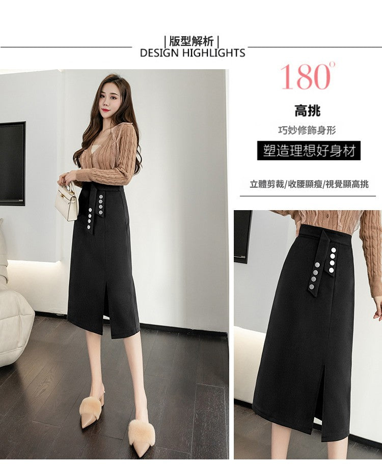 CGS2291-51B 毛呢半身裙秋冬季假腰飾開衩顯瘦排扣一步包臀裙(3色)