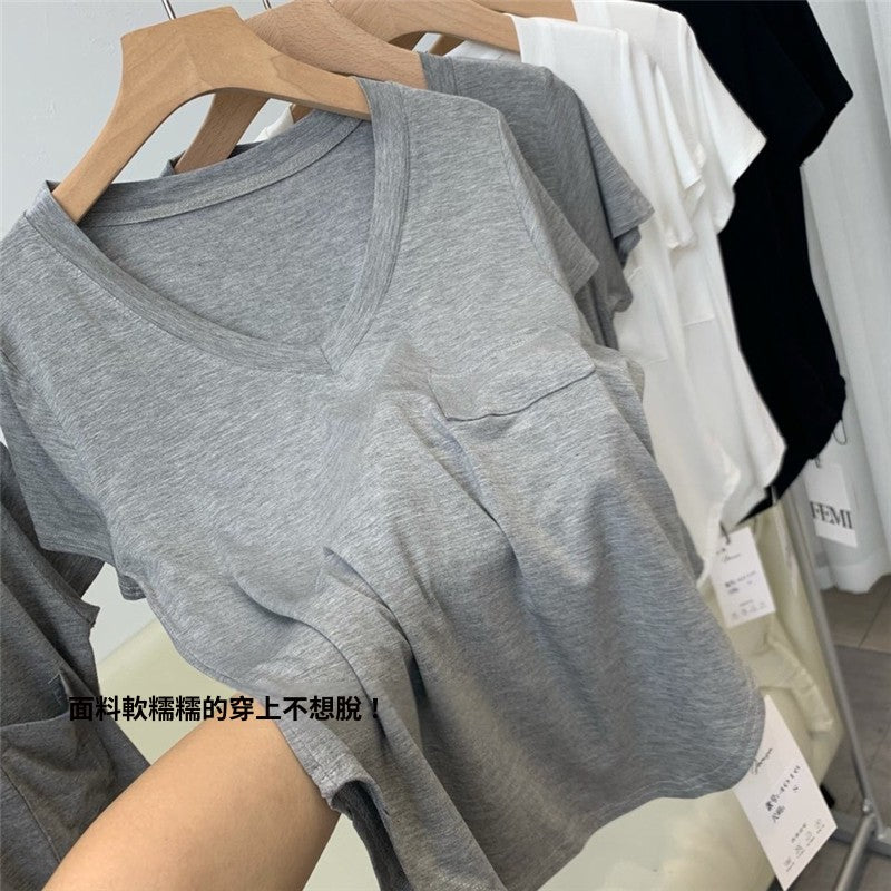 📺︎︎ CGE4016-98B 垂墜感鎖骨T恤夏寬鬆中長款短袖V領上衣(3色)