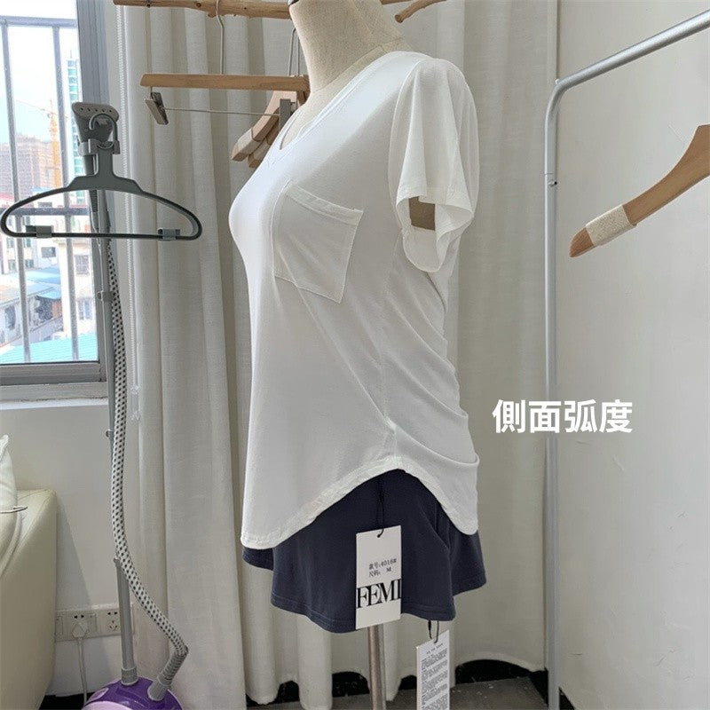 📺︎︎ CGE4016-98B 垂墜感鎖骨T恤夏寬鬆中長款短袖V領上衣(3色)