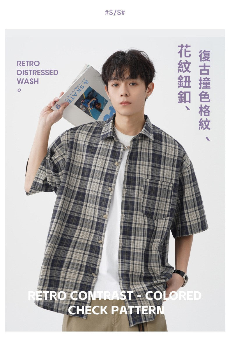 CBEMC7189-8H 復古撞色格紋短袖襯衫春夏襯衣外套(2色)