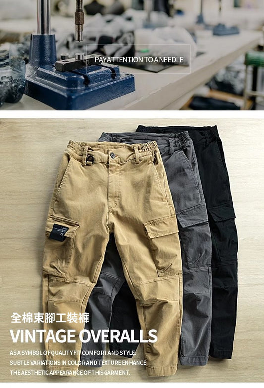 CBA337-99B 多口袋工裝風休閒長褲子九分寬束腳褲(3色)