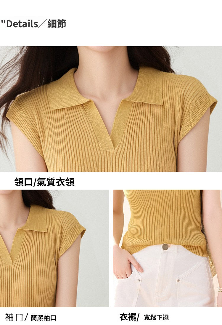 CGE0476-17B 正肩T恤夏款冰絲針織衫短袖修身短款POLO領上衣