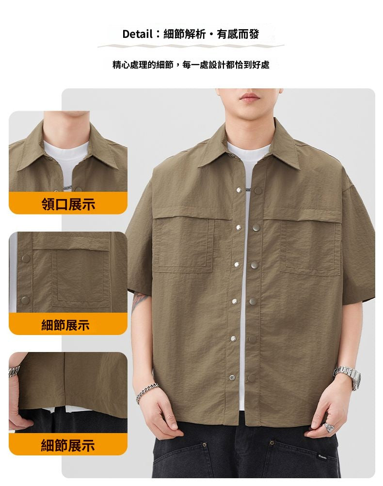 CBEFL6849-65B 夏季短袖襯衫翻領工裝日系復古拼接襯衣(2色)