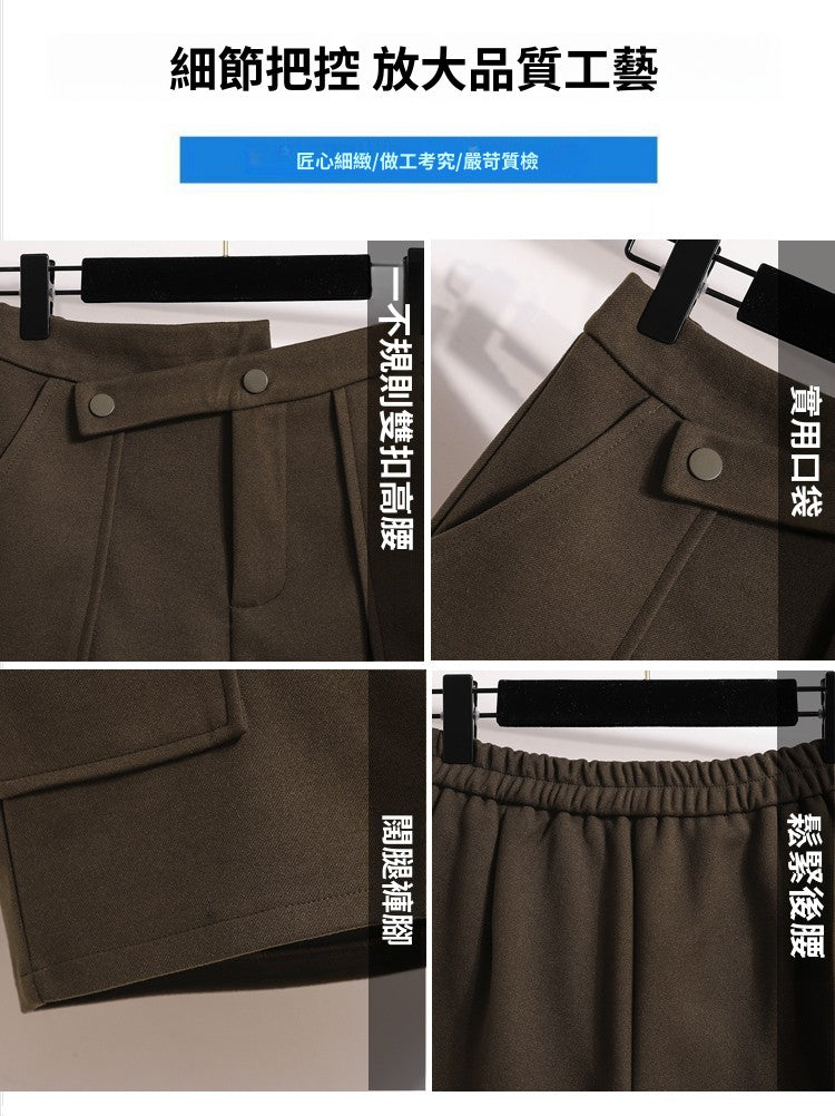 CGS7208-2B 秋冬不規則毛呢A字闊腿休閒褲(2色)