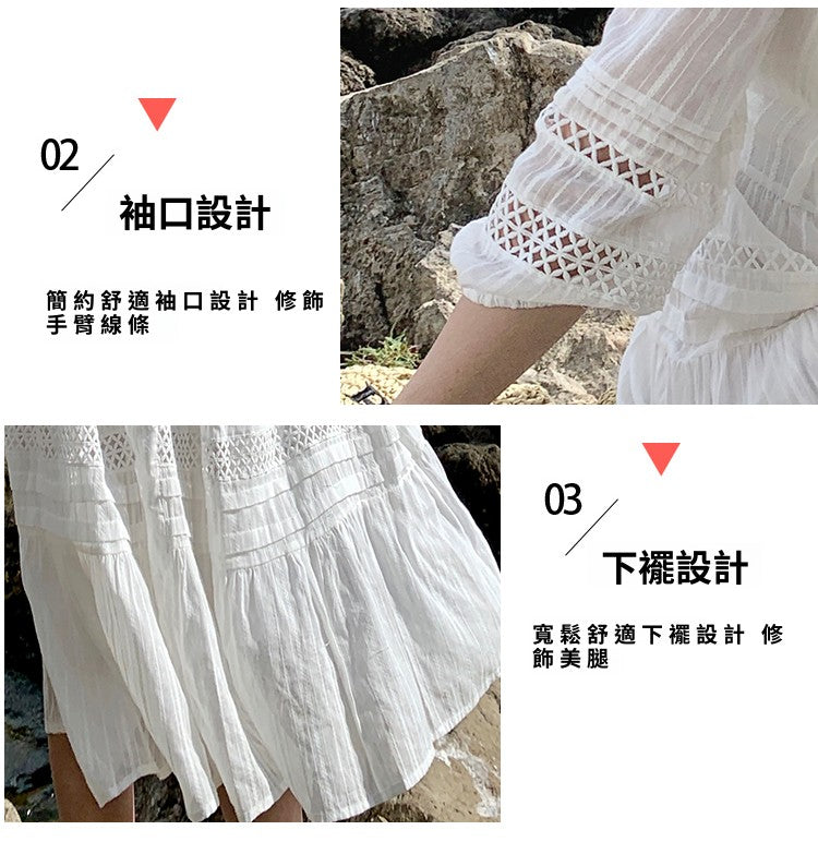 CGB8055-59B 法式溫柔風V領泡泡袖白色連衣裙