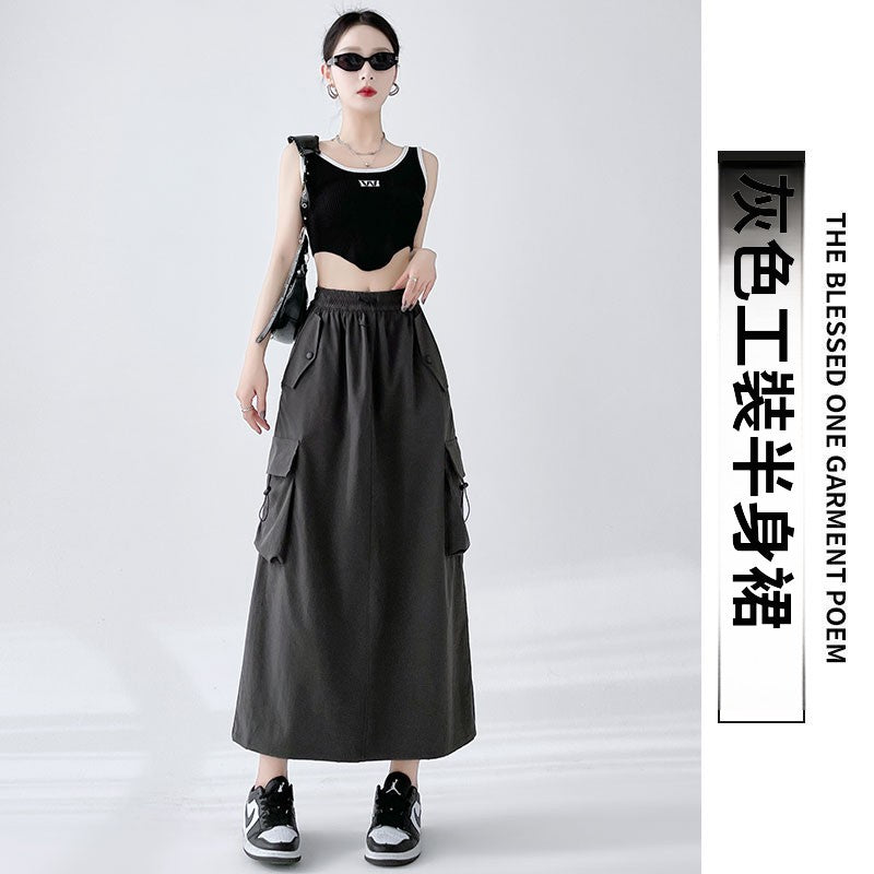 CGS2516-16B 美式復古開叉工裝裙夏季中長款(4色)