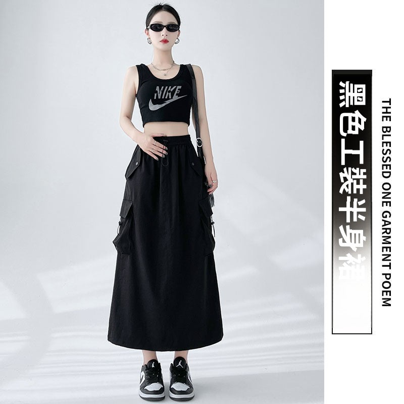 CGS2516-16B 美式復古開叉工裝裙夏季中長款(4色)