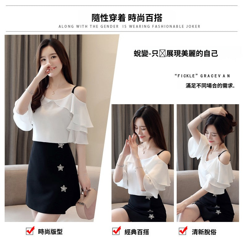 📺︎︎ CGE9263-12B 荷葉邊雪紡衫夏季短袖時尚吊帶上衣