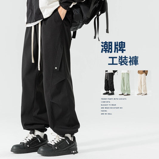 CBADL-2504-124B 日系工裝設計感分割運動褲寬鬆百搭直筒休閒長褲(3色)