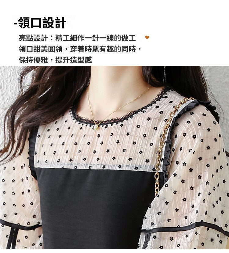 CGBK01-36H 蕾絲花邊小圓領拼接刺繡碎花泡泡袖連衣裙