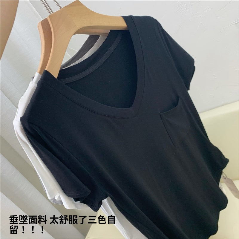📺︎︎ CGE4016-98B 垂墜感鎖骨T恤夏寬鬆中長款短袖V領上衣(3色)