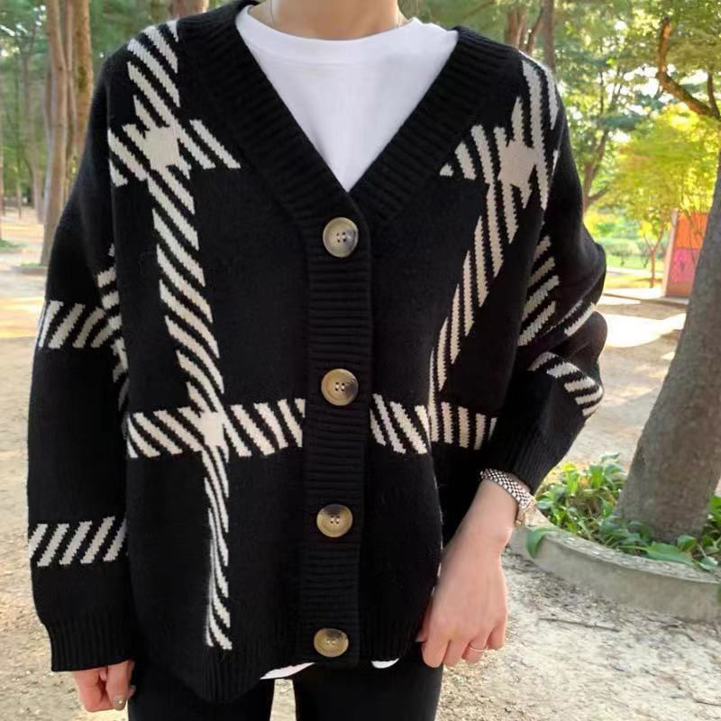 CGCM3370-6B 黑色條紋針織寬鬆慵懶風簡約百搭毛衣外套(2色)